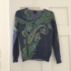 Talbots Blue Green Paisley Merino V-Neck Sweater